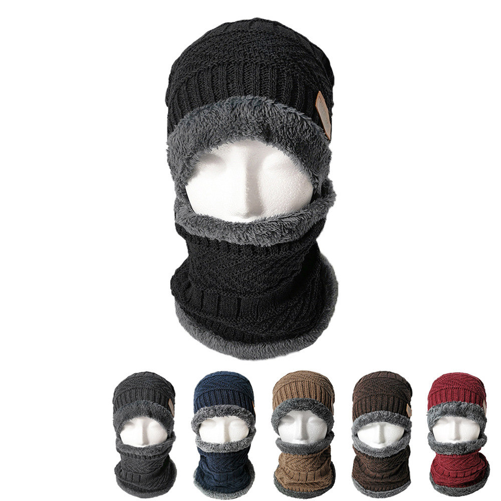 Unisex Korean Style Trendy Cycling Woolen Hat Winter Velvet Thickeneded Pullover Hat Neck Scarf Knitted Two-Piece Suit