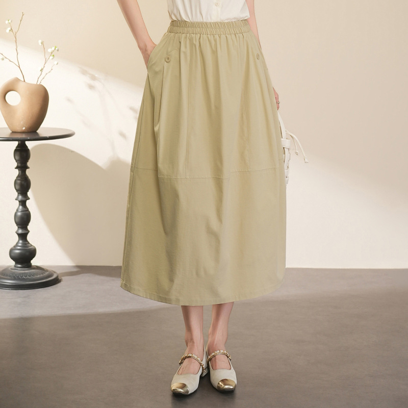 2026 Spring and Summer Mid-Length Skirt for Women, New Style, Elastic Waist, Pure Color, Casual, Simple, Versatile, A-Line Workwear Skirt