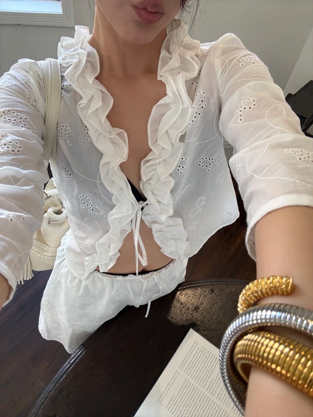 【Clearance, No Returns or Exchanges】Original Fabric Ruffled Lace-Up Cardigan Top with Bow Embroidery and Skirt Set for Women