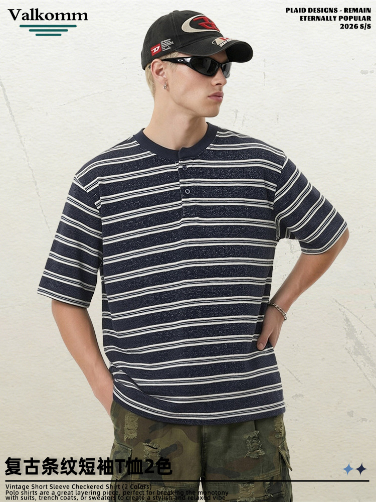 Laik Japanese-Style Trendy Striped Henley Collar Short-Sleeve T-Shirt for Men 2026 Summer New Loose Versatile Casual Top