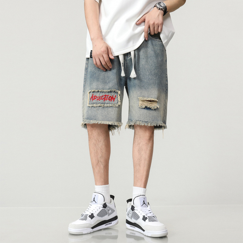 Large Size Men's Summer New Yellow Mud Ripped High Street Denim Shorts Men's Loose Plus Size Trendy Half Pants