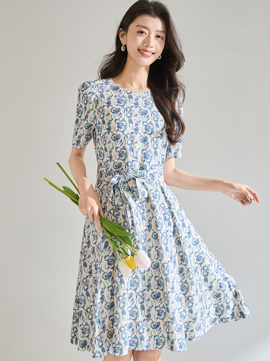 26 Spring and Summer New Style French High-End Style Waist-Cinching, Belly-Covering, Slimming, Chic and Unique Printed Dress for Women 29071