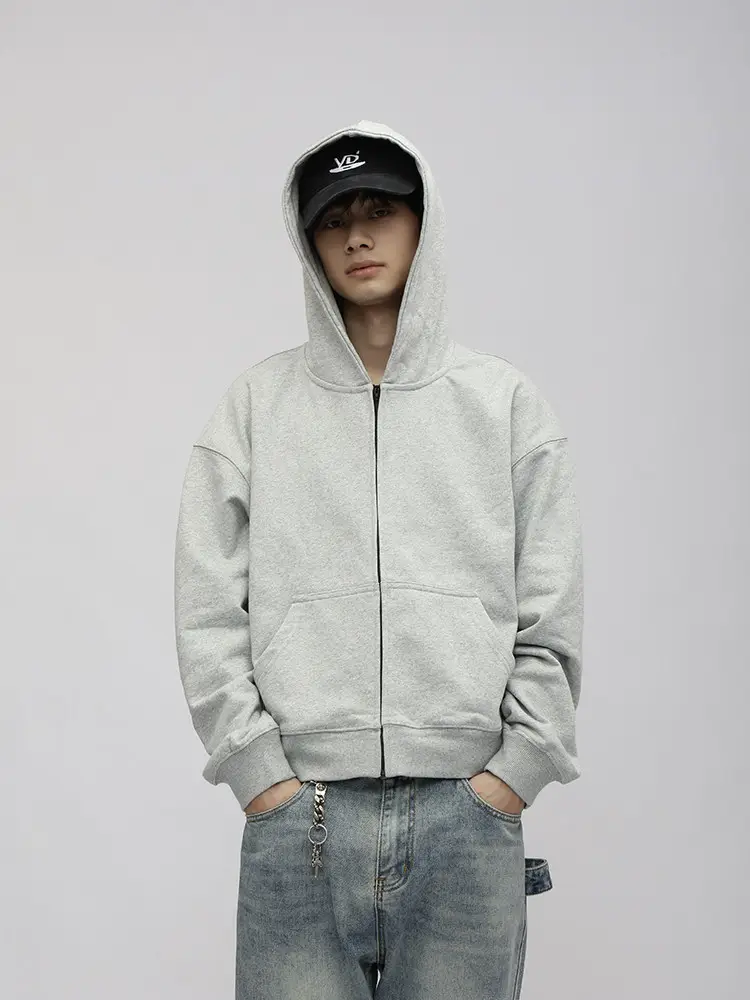 BLAEXIT Gray Sweatshirt Men's Autumn and Winter Hooded cleanfit American Short Padded Zipper Cardigan Jacket