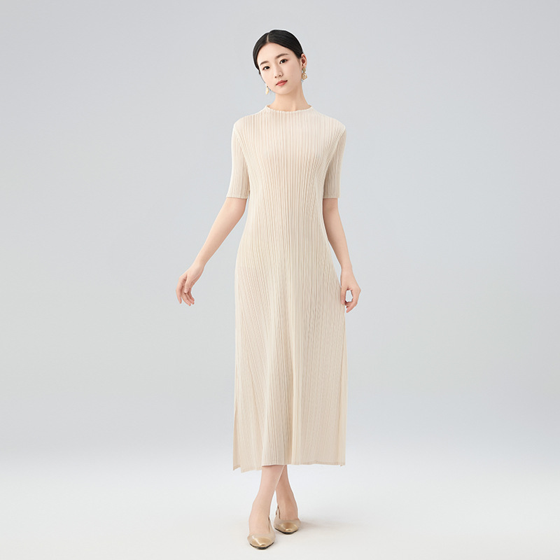Wholesale Pleated Clothing 25 Summer Solid Color Round Neck Dress Women's Mid-Length Slim Fit Slit Dress Versatile Literary Retro