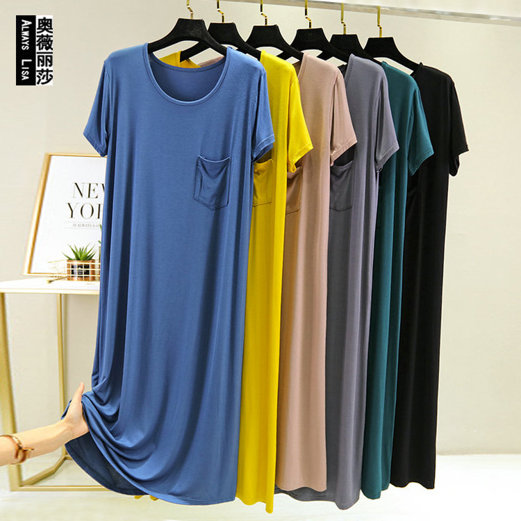 Summer 2020 New Women's Modal Dress Large Size Loose Nightgown Thin Short-sleeved Casual Skirt Base Long Skirt