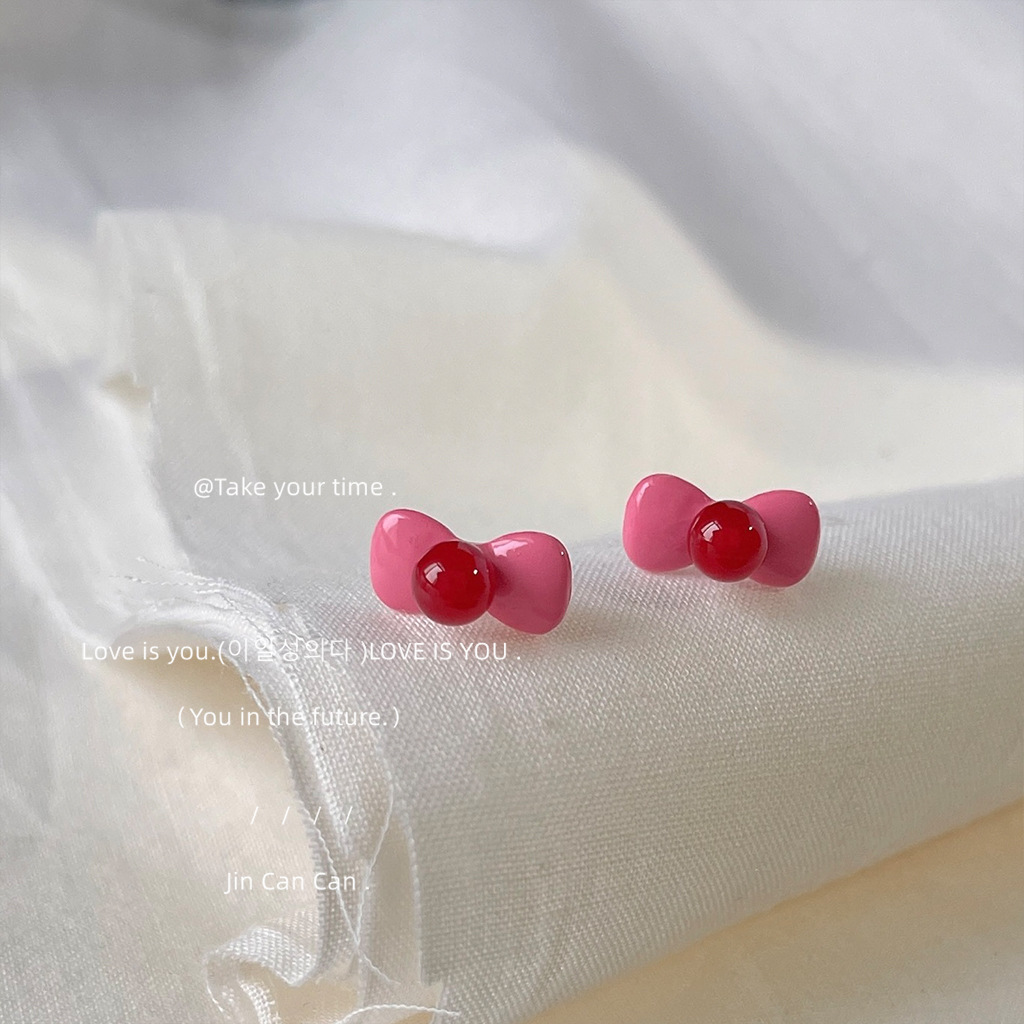 Fresh and Sweet~ Silver-Plated Enamel Bow Pink Earrings, Cute and Age-Reducing Ear Accessories, Factory Wholesale Earrings
