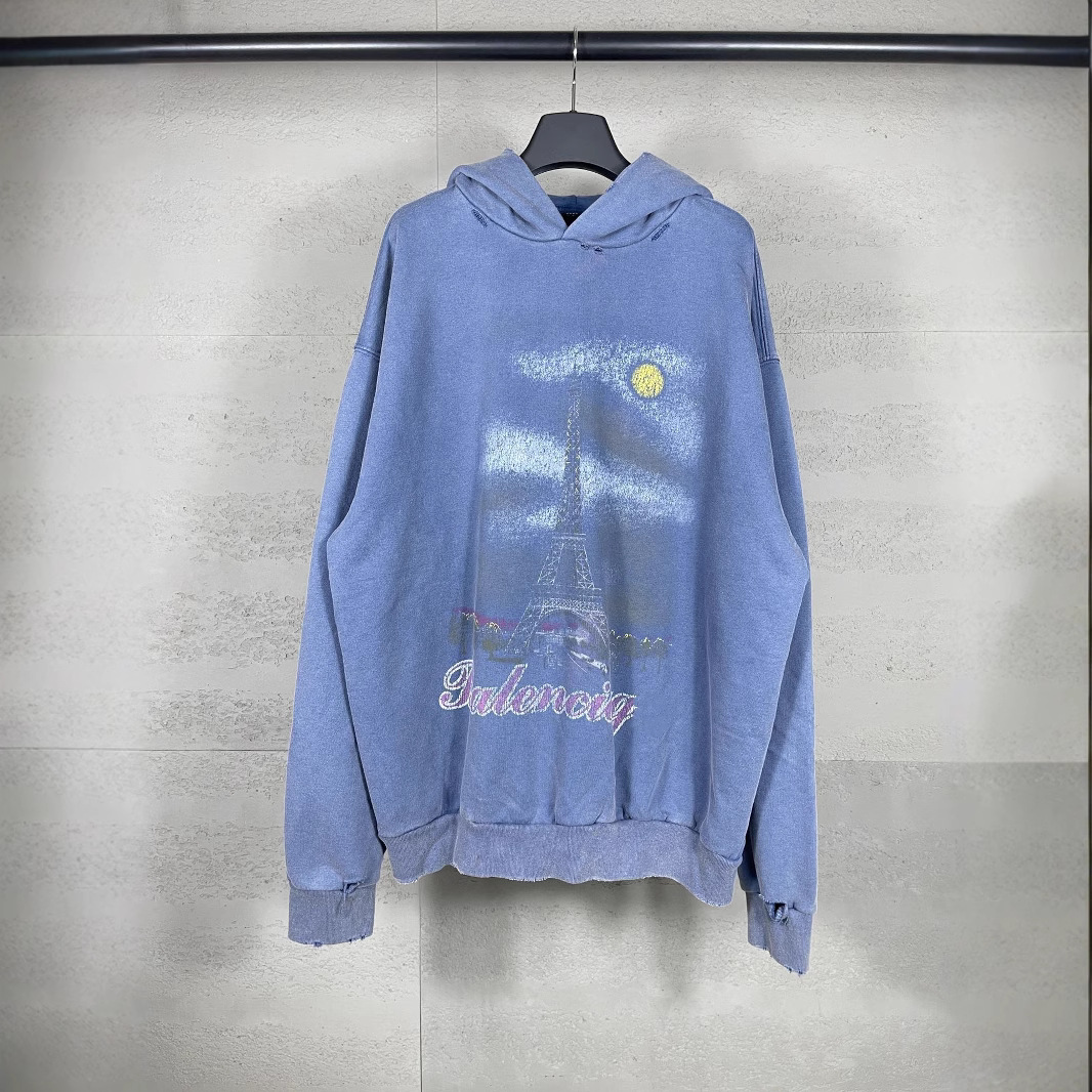 High version BL home Paris Eiffel Tower direct spray white ink gradient color printing washing worn old hooded sweater photo QC de 1688 sur Qualit.ly