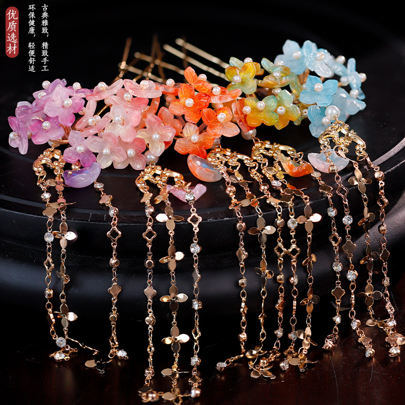 Chuyun Ancient Style Hanfu Cute Gradient Small Flower Hairpin with Long Tassel Pendant Versatile Sweet and Fresh Accessory