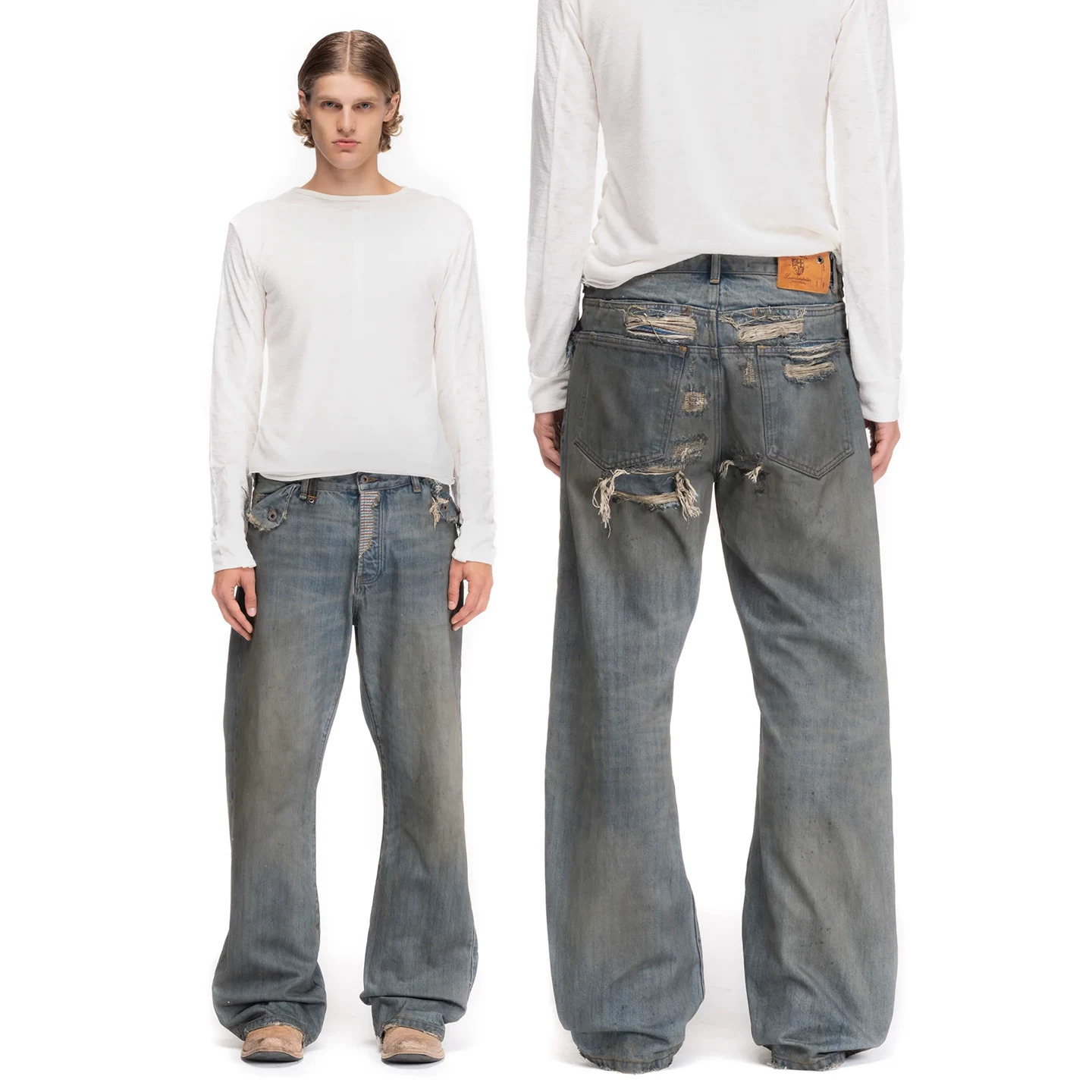 No faith studios, handmade, worn-out patchwork jeans, washed, worn, splashed ink, dyed dirty pants