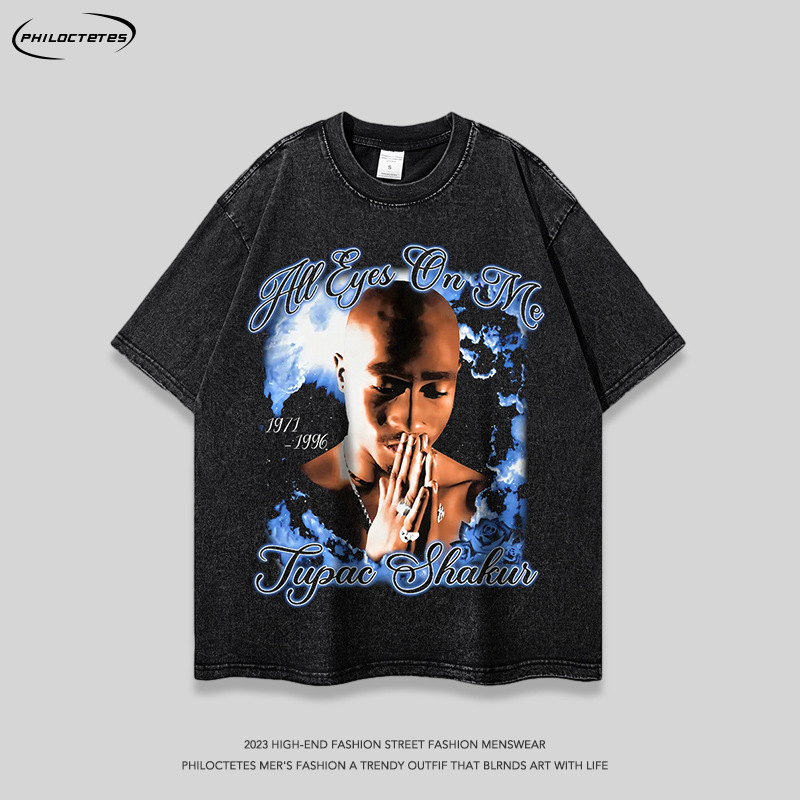 European and American fashion brand heavy rap character print retro short-sleeved T-shirt men and women oversize street hip hop long-sleeved T-shirt