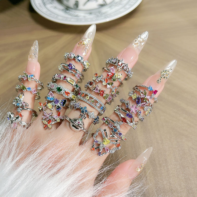 Eden Series Retro Colored Diamond Sweet and Cool Temperament Open Ring for Women, Light Luxury High-End Hong Kong Style Stackable Index Finger Ring