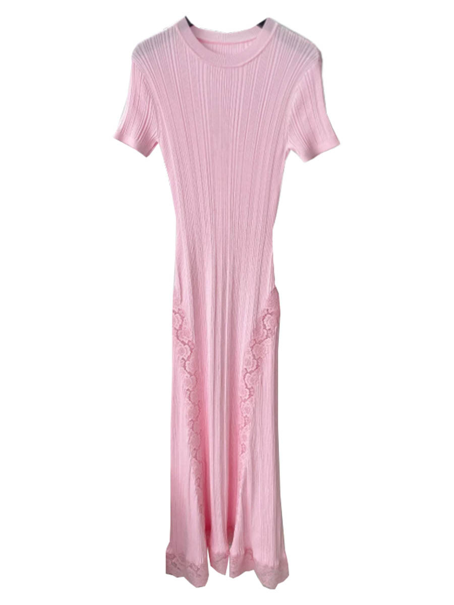Sp's 2026 Summer New Product Elegant Lace Flower Patchwork Knitted Round Neck Slim Dress Short-Sleeved Long Shirt