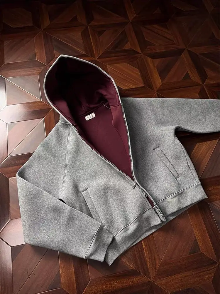 American-Style Air Layer Boxy Short Hooded Zip-Up Sweatshirt for Men, Autumn and Winter Casual Heavyweight Imperial Red Jacket