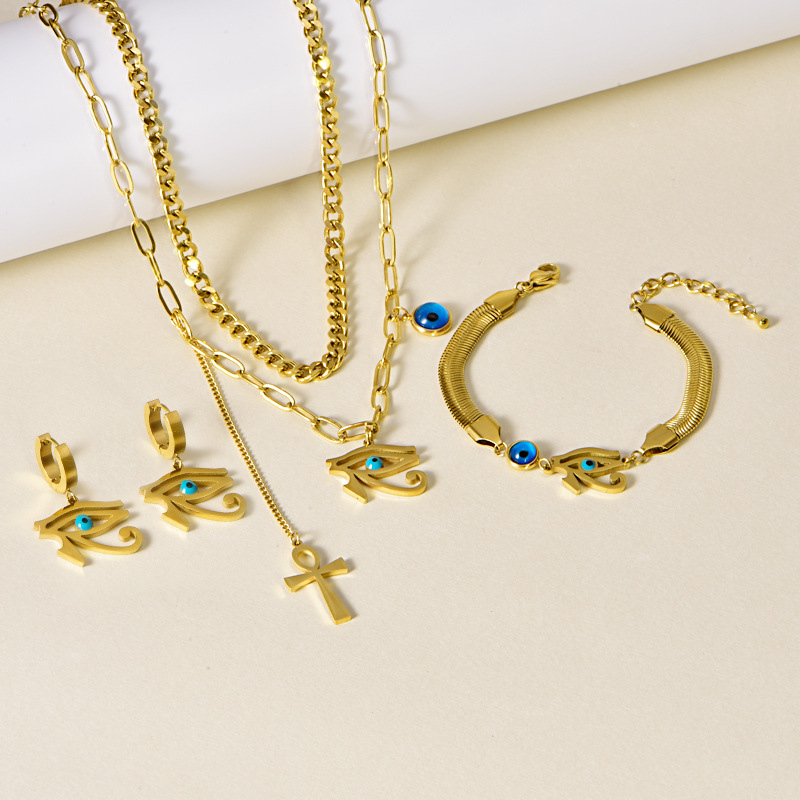 Fashion New Double Tassel Cross Eye Collarbone Chain Cross Border Soft Bracelet Short Earrings suit Necklace Women