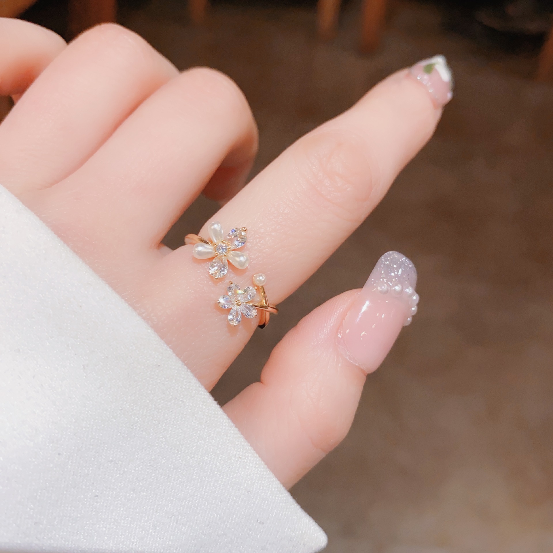 South Korea Internet Celebrity Fashion Gentle Elegant Zircon Pearl Flower Opening Ring Distinctive Opening Ring Index Finger Ring