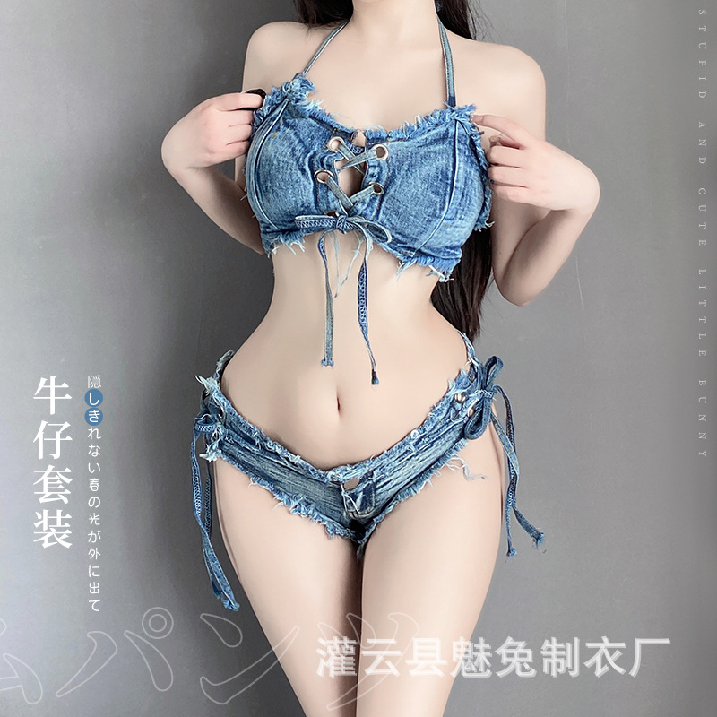 Charming Rabbit Sexy Underwear Women's Low Waist Open Shorts Sexy Ripped Denim Shorts Nightclub Temptation Underwear 8025