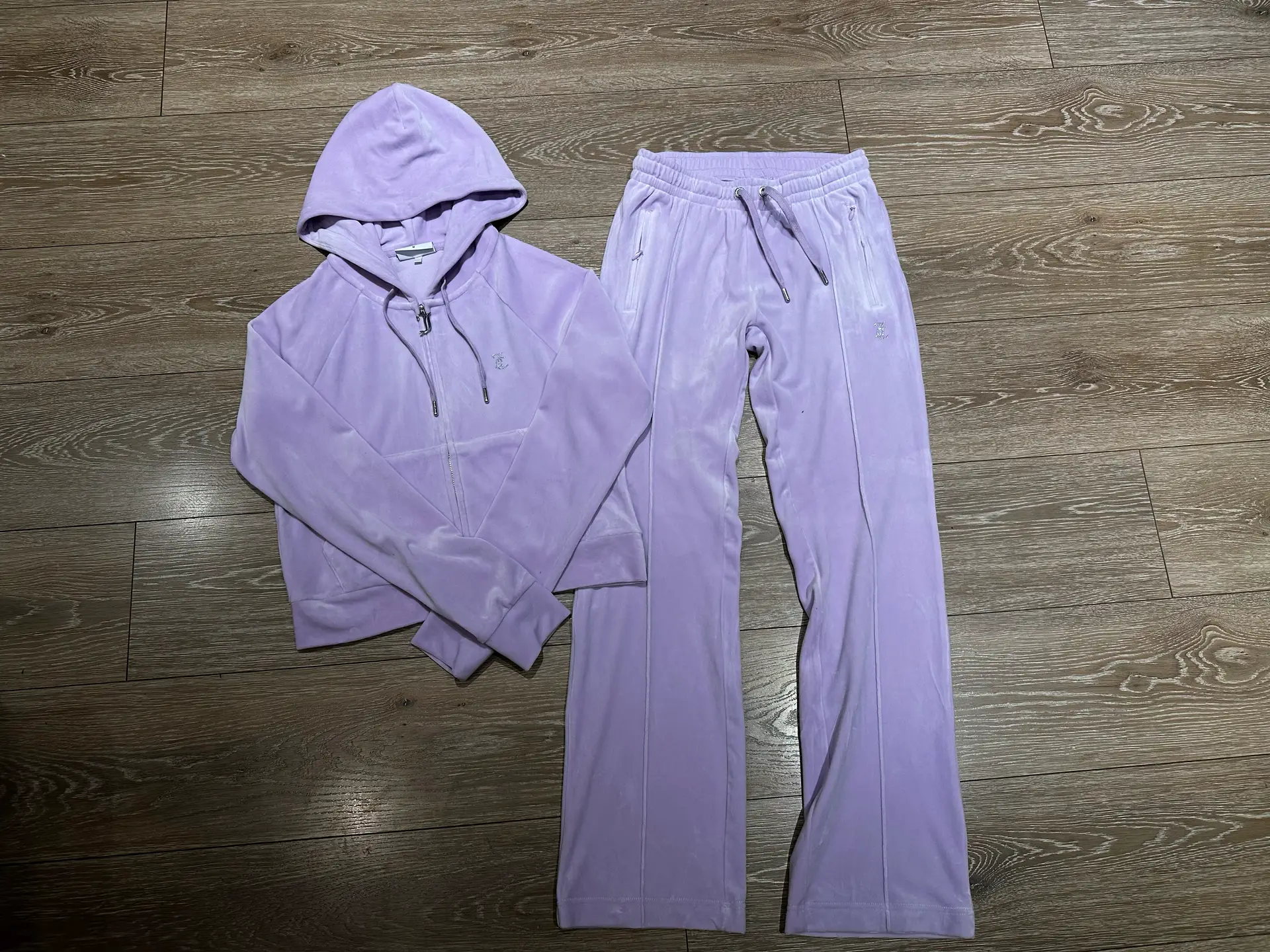 American retro light lavender velvet flash diamond zipper Sweatshirt link can shoot pants