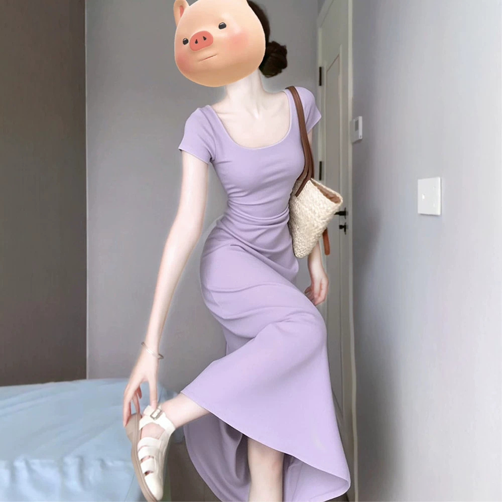 Purple Slim-Fit Dress for Women, New Summer Style for Petite Figures, Particularly Beautiful and Stunning, with a Cinched Waist, Pure Desire, Body-Hugging Long Dress