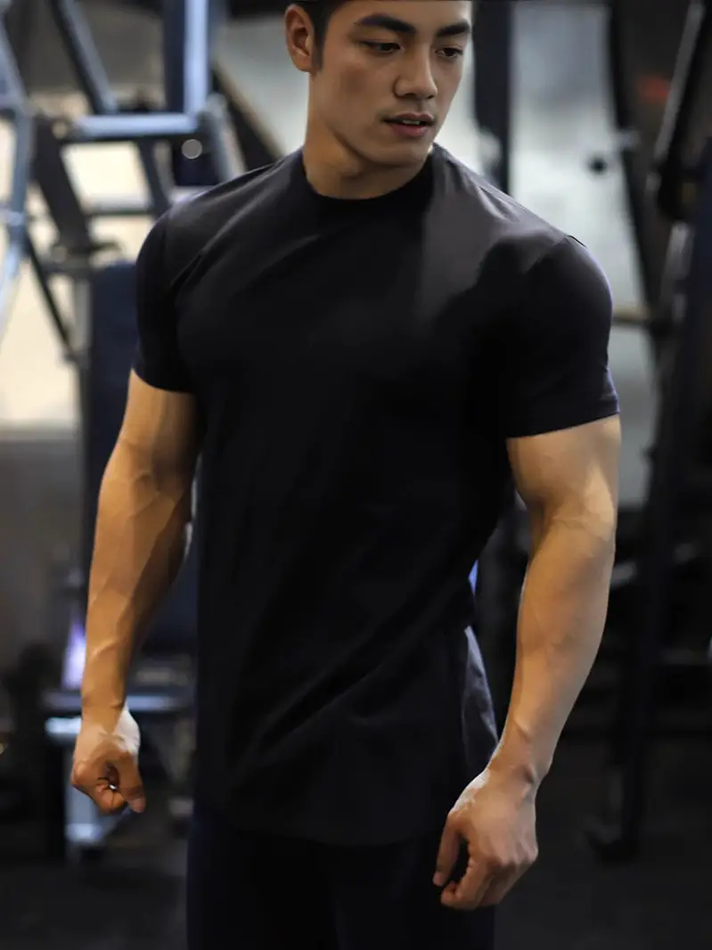 Men's T-shirt Summer New Sports Slim-fit Short-sleeved Elastic Loose Fitness Quick-drying Muscle Solid Color T-shirt