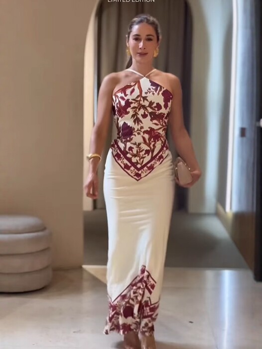 2026 Summer New European and American Style Halter Neck Printed Dress for Women, Elegant Slim-Fit Long Dress for Beach Vacation