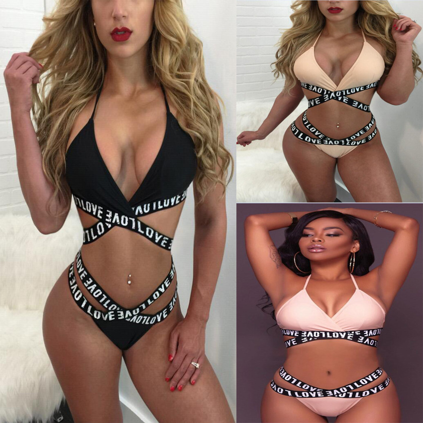 Cross-border supply Europe and the United States foreign trade sexy underwear sexy fashion letter printing cross strap split bikini