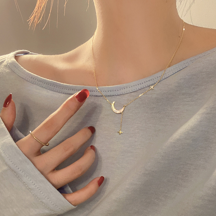Moon Mang Star Necklace Real Gold Electroplated Fritillaria Necklace Zircon Light Luxury High Sense Korea New Jewelry Wholesale