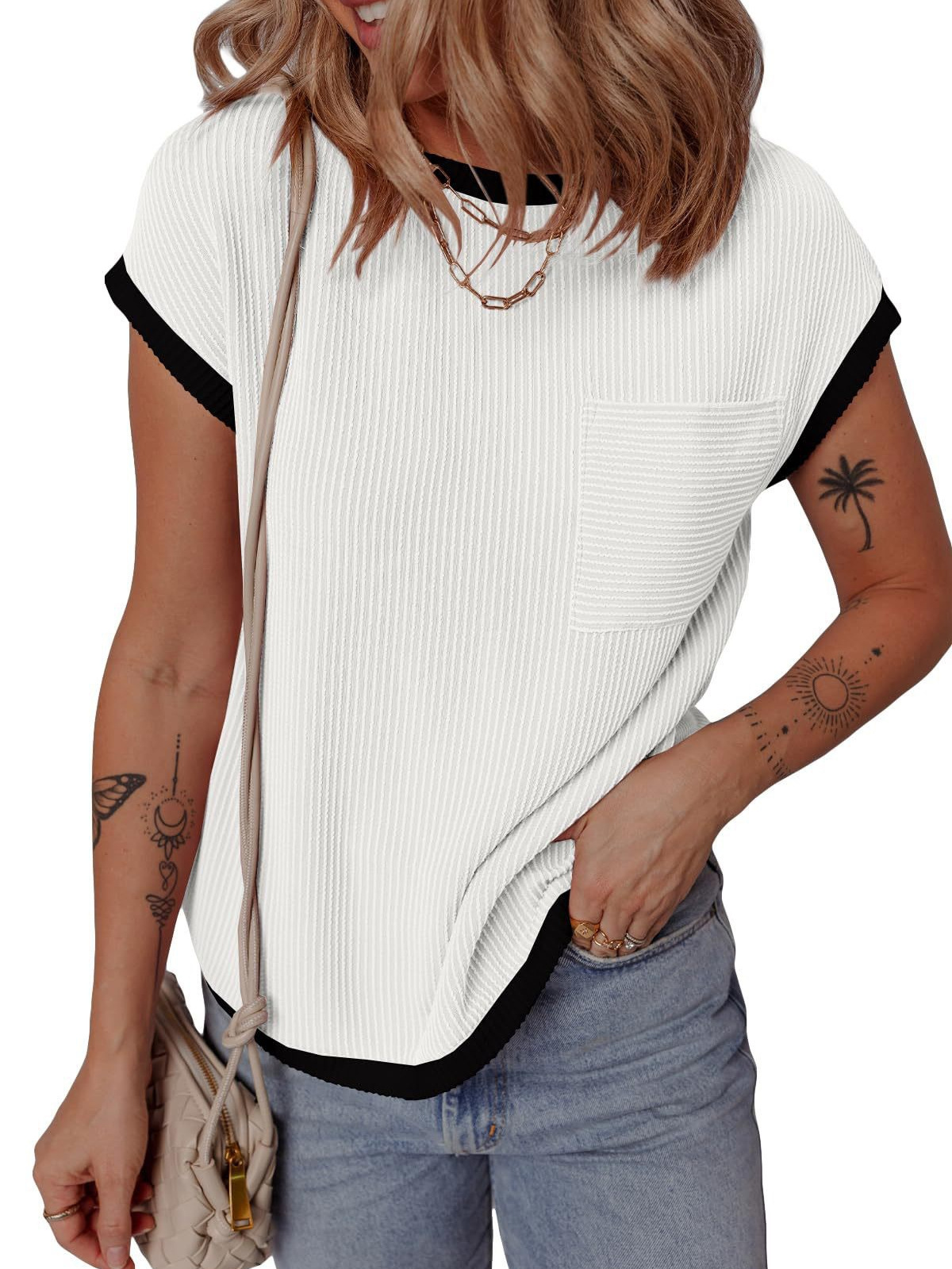 2026 Cross-Border Amazon Women's Short-Sleeved T-Shirt Basic Ribbed Knit T-Shirt Spring and Summer Casual Outing Top