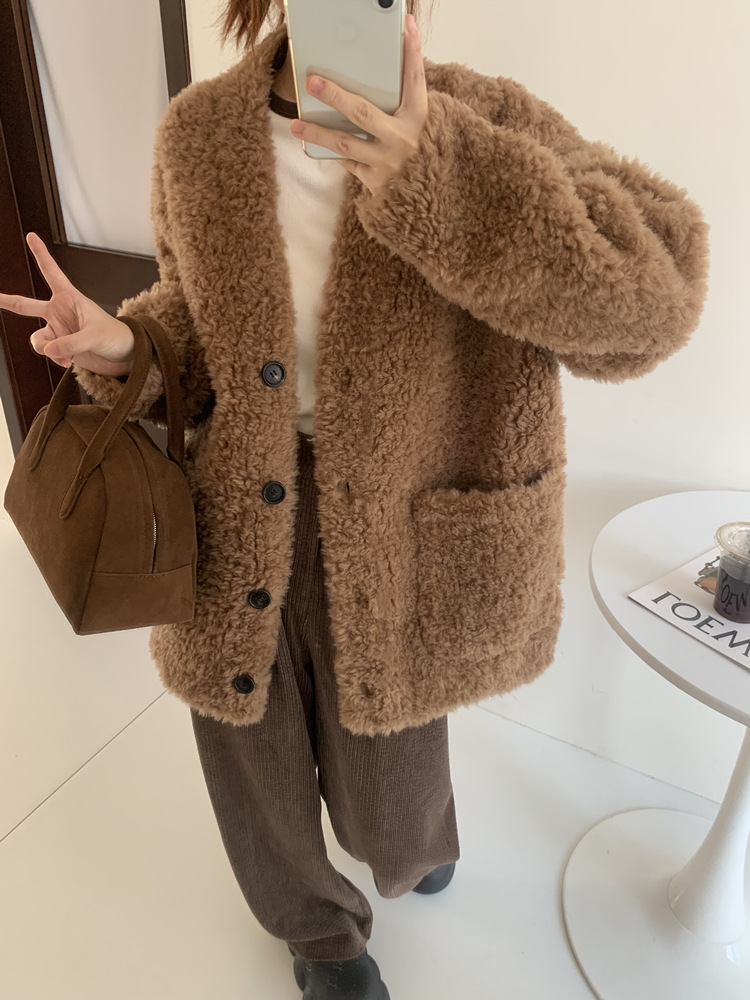 Australian Lamb Wool Coat Haining Autumn and Winter New Fur One-Piece Fur Women's Mid-Long Cashmere V-Neck Cardigan