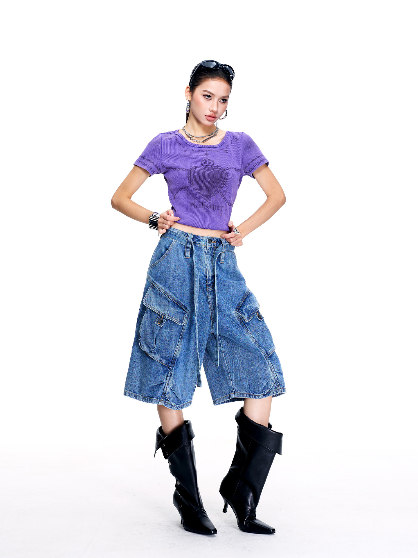 Tuogu American-Style Light Blue Cropped Jeans for Women, New Summer High-Waisted Wide-Leg Work Shorts, Slimming and Casual Mid-Length Pants