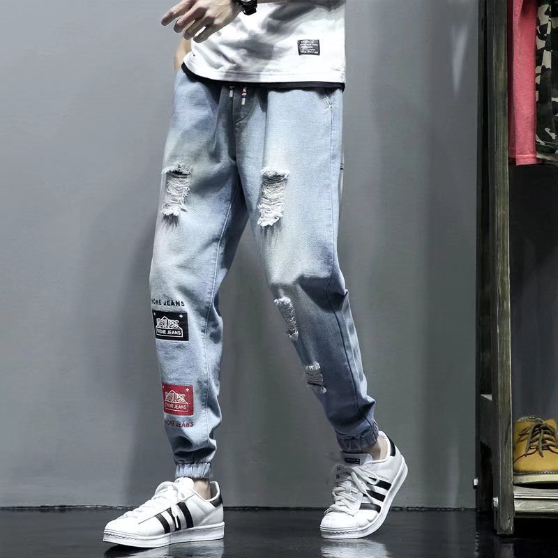 Ripped Jeans Men's 2022 New Loose Leg Overalls Boys Trendy Brand Harlan Nine-point Casual Pants