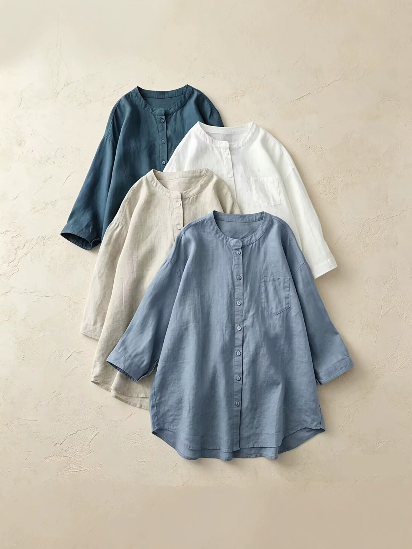 2026 Summer Linen Shirt with Stand Collar and Three-Quarter Sleeves, White Shirt, Loose Plus-Size Sun Protection Shirt, Japanese-Style Cotton-Linen Women's Clothing