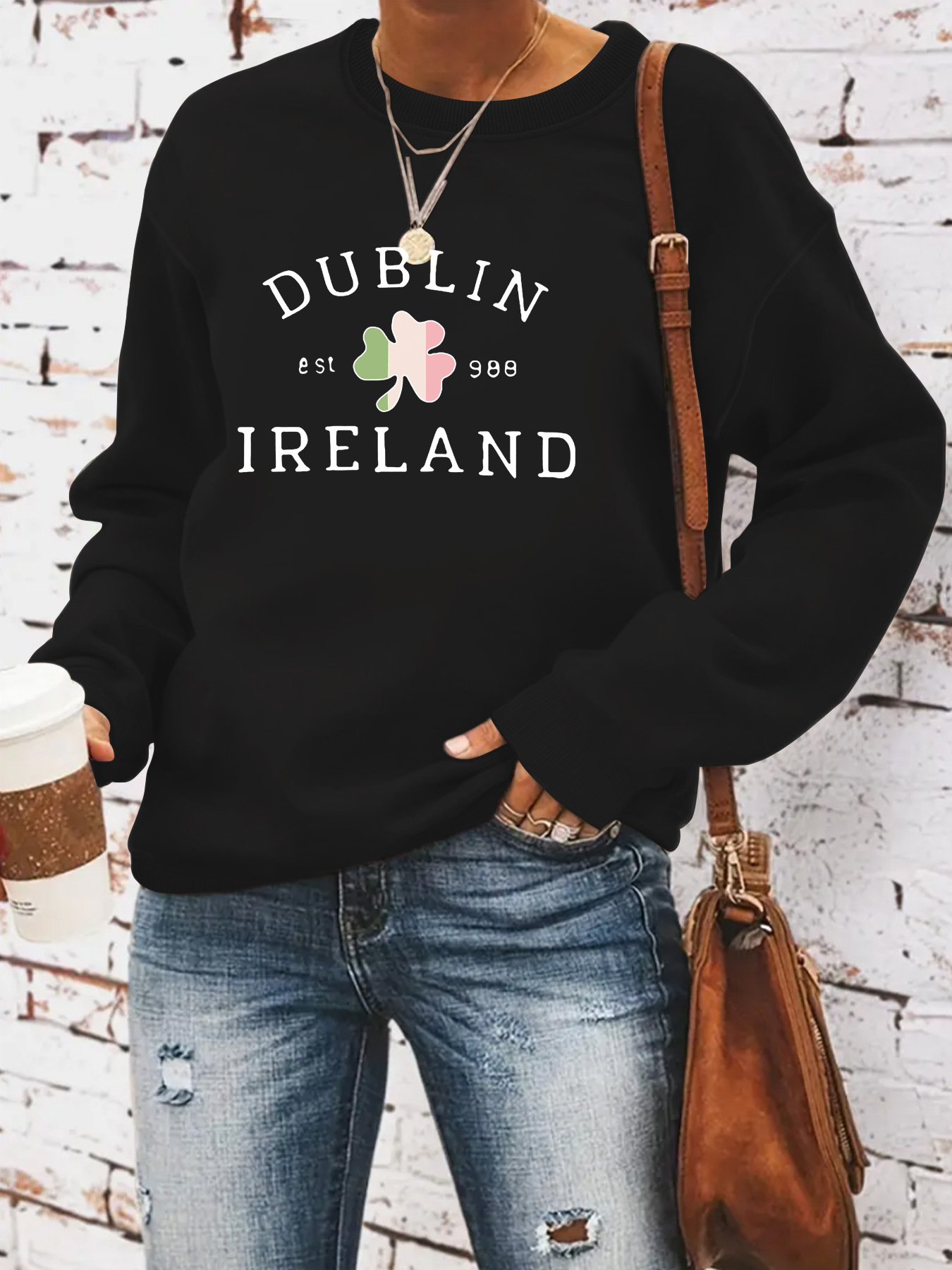 2024 New Clover Simple Letter Print Sweatshirt St. Patrick's Day Loose Crewneck Sweatshirt