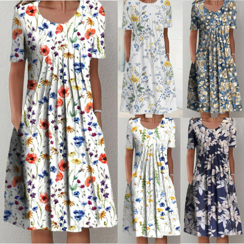 2026 Amazon European and American Plus-Size Autumn Women's Elegant Flared Skirt Printed Early Autumn Short-Sleeve Dress Wholesale