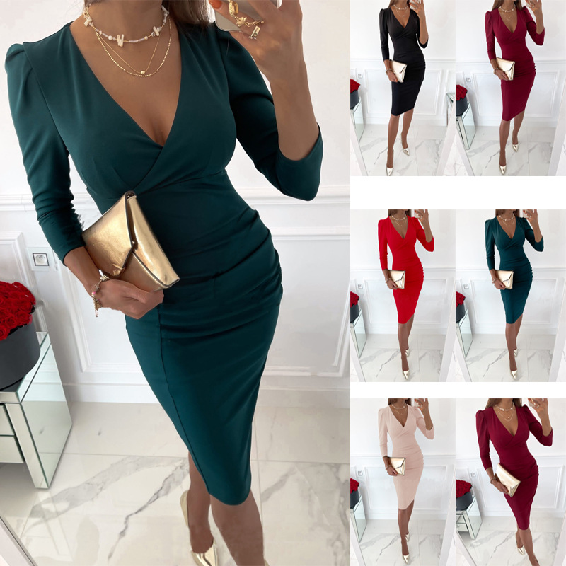 2026 Fall/Winter Hot-Selling V-Neck Sexy Fashionable Elegant Commuting Independent Brand Wish Amazon Waist-Cinching Dress for Women
