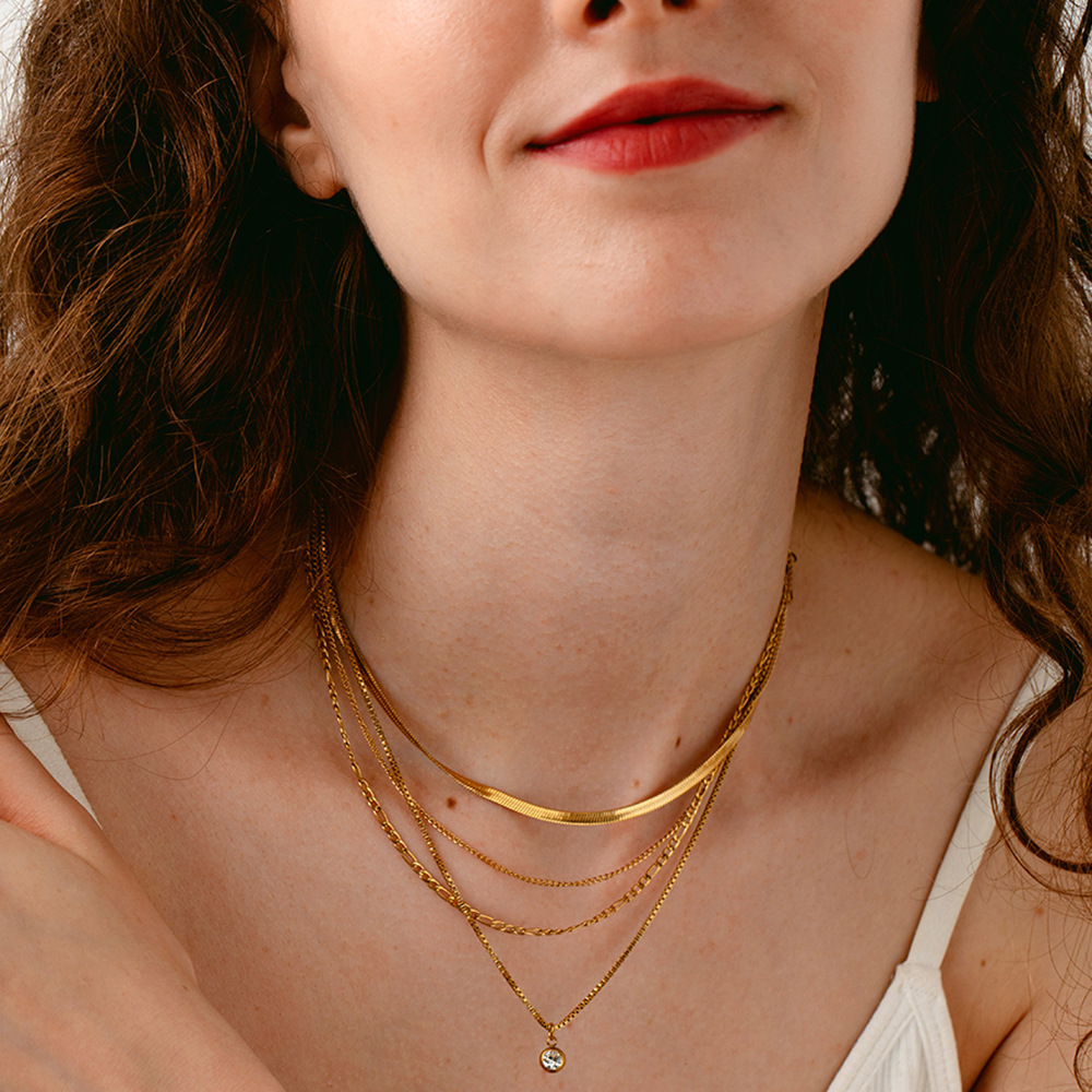 Cross-Border Ins Round Zircon Pendant Stainless Steel Multi-Layer Necklace Plated with 18K Gold Waterproof Choker High-End Jewelry for Women
