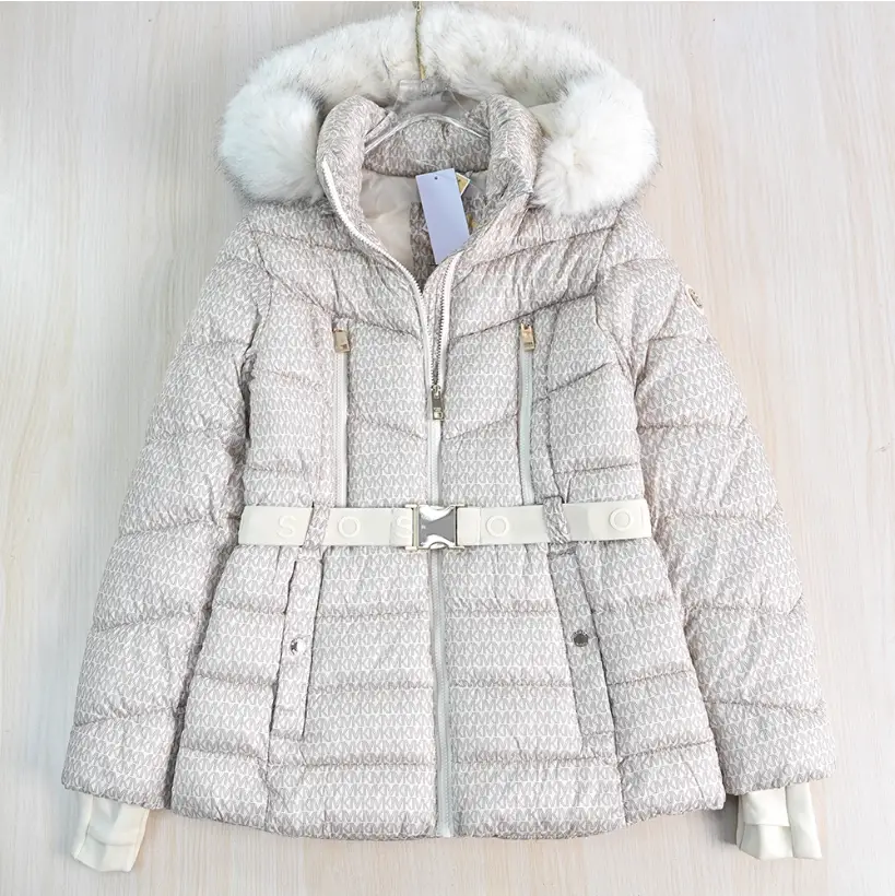 Siqi Women's Clothing 2510/16 American m Series High-Quality Full Letter Print Detachable Hood Fur Collar Fluffy Padded Casual Cotton Jacket