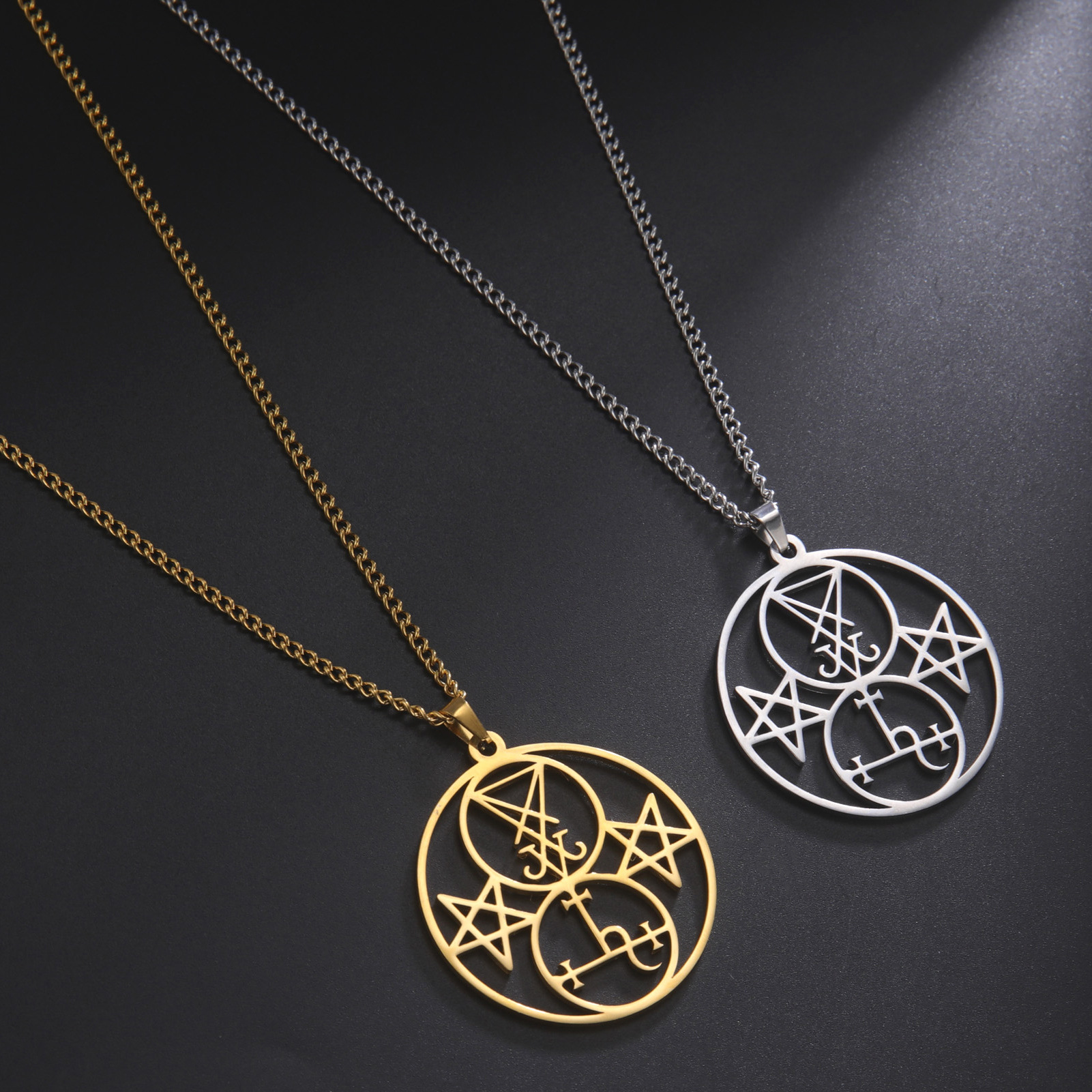 Cross-Border fashion new cut hollow three ring special symbol five-pointed star pendant cross chain stainless steel necklace