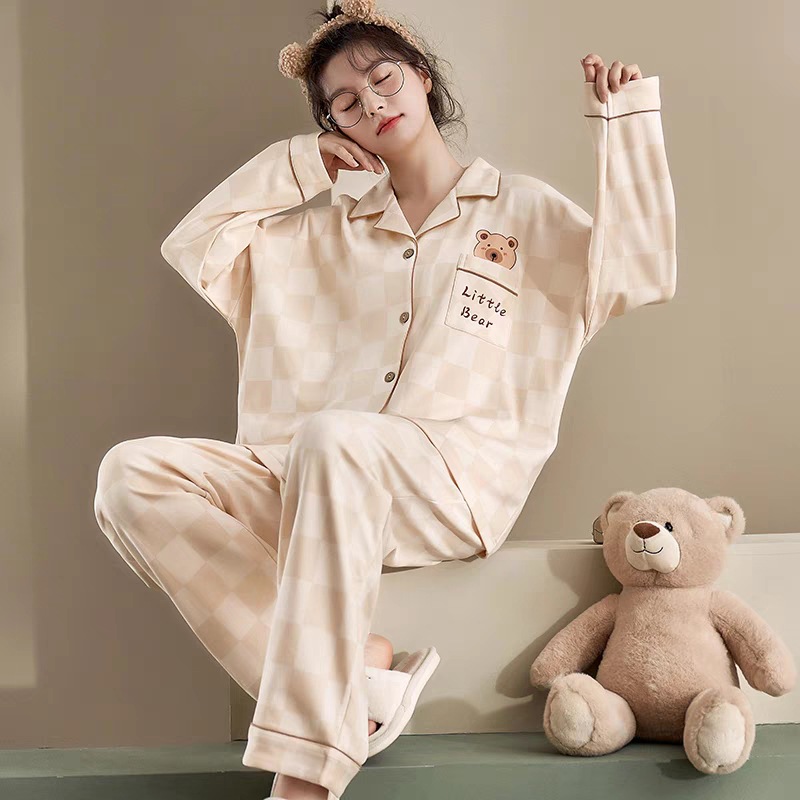 Pajamas Women's Imitation Cotton Spring and Autumn High-end Sense Checkerboard Bear Cardigan Casual Cute Home Clothes suit Wearable