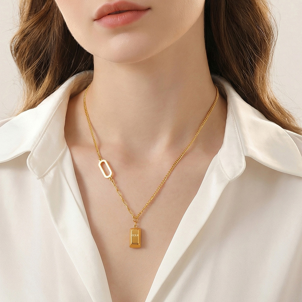 European and American Cross-Border Best-Selling Lucky Gold Bar Pendant Clavicle Chain Stainless Steel Letter-Engraved 18K Real Gold-Plated Necklace