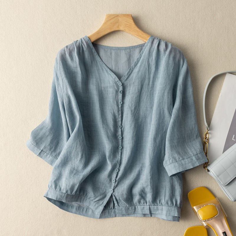 Summer New Style Literary Retro Cotton and Linen V Neck T-Shirt Half-Sleeved Loose and Comfortable Large Size Slim Fashion Simple Top for Women