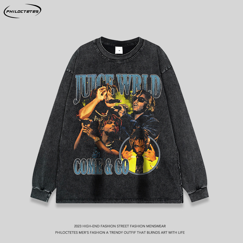 Retro heavy rap rapper portrait long-sleeved T-shirt hiphop Street wash old short-sleeved bottoming t men and women