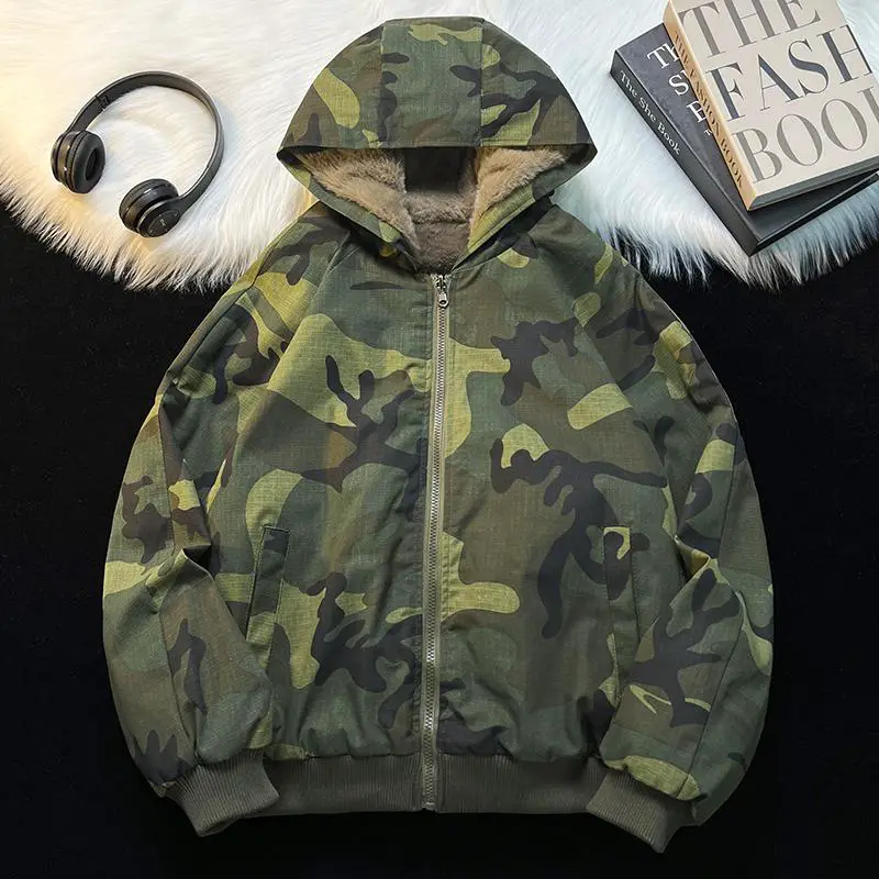 American Retro Camouflage Hooded Cotton Jacket for Men, Street Style, Loose Fit, Thickened for Winter, Warm, Heavy Lamb Wool Cotton Coat