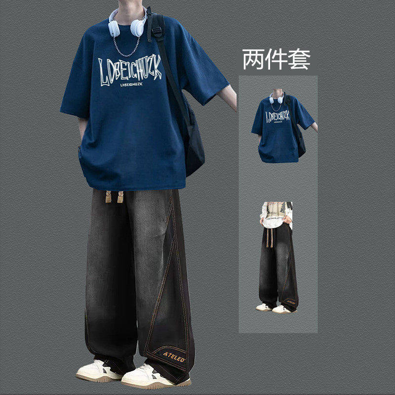 Summer Dark Blue Short-Sleeved T-Shirt for Boys, a Cool and Stylish Outfit with Jeans, a Set of Half-Sleeved Clothes for Middle and High School Students