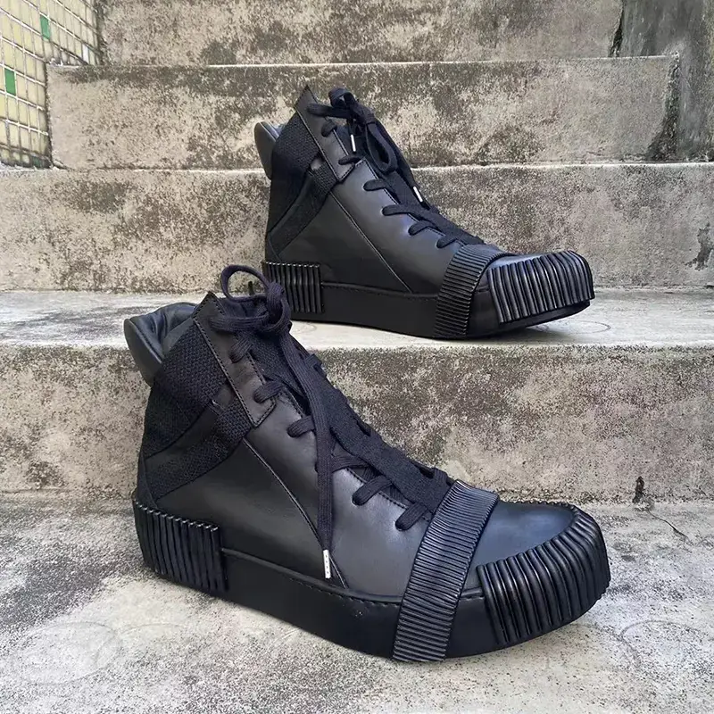 Bbs Style Handmade Cowhide Lace-Up Sports Casual Round-Toe Boots Niche Hairstylist High-Top Men's Shoes Trendy Shoes