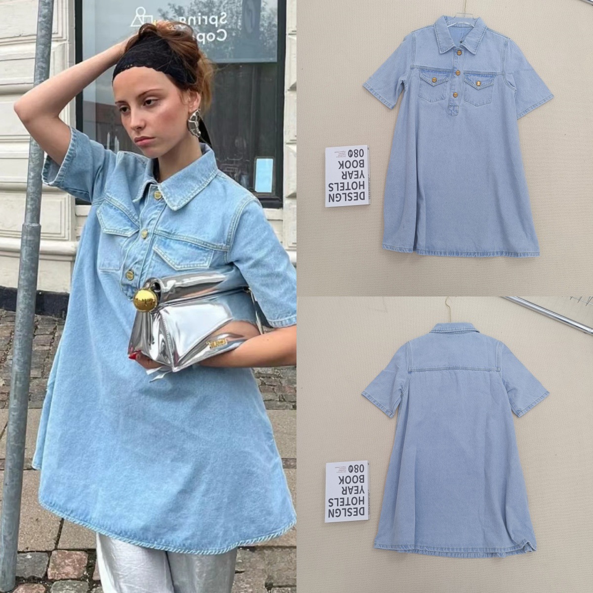 24 Spring and Summer New GA Light Blue Cotton Simple Casual Women's Lapel Denim Pocket Dress A- Shaped Dress