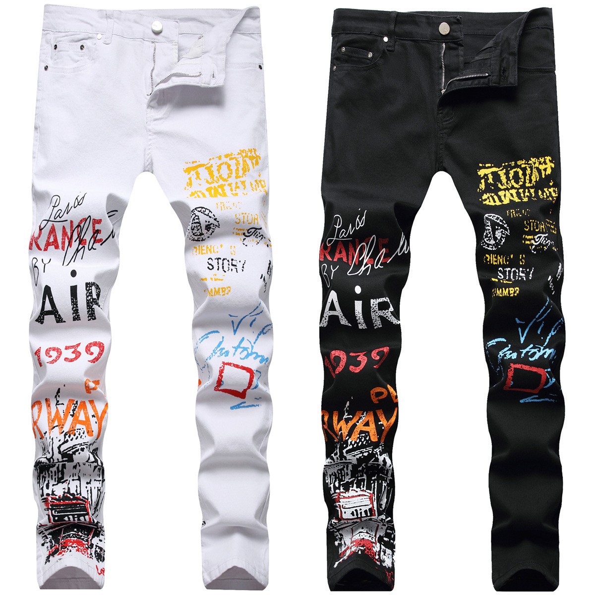 Cross-Border fashion brand men's European Station black jeans stretch slim ripped skinny pants men's summer thin