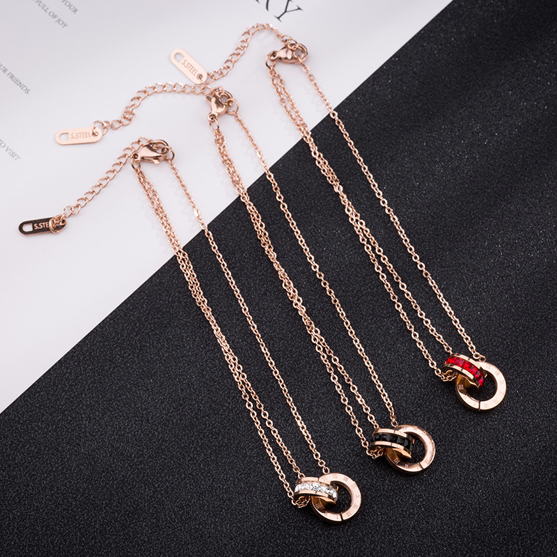 New fashion titanium steel double-ring double-layer anklet women rose gold hipster Roman diamond round bracelet wholesale