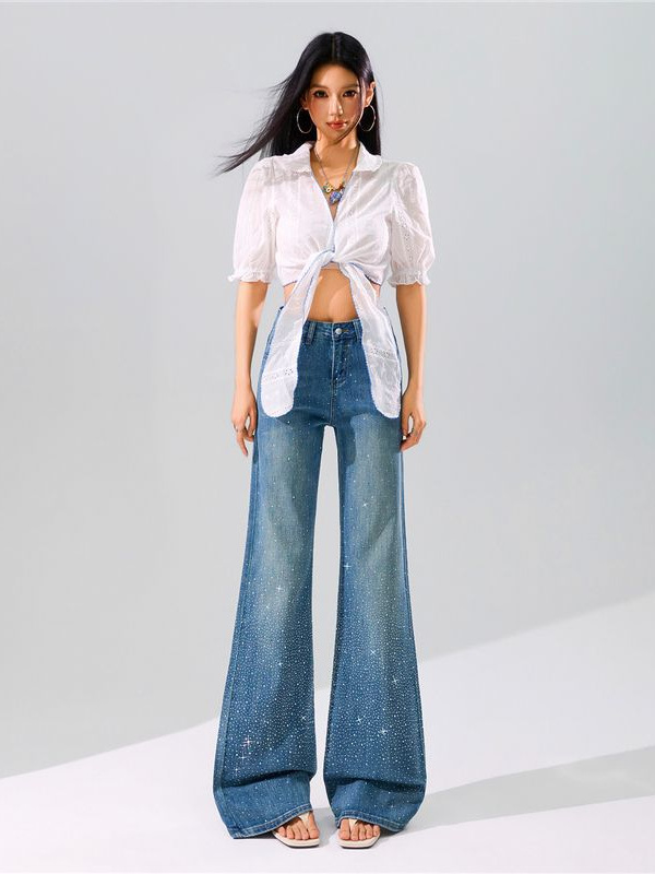 Hot-Selling Rhinestone Flared Jeans for Women, 2026 Summer New High-Waisted Slim-Fit Versatile Blue Non-Tight Flared Pants