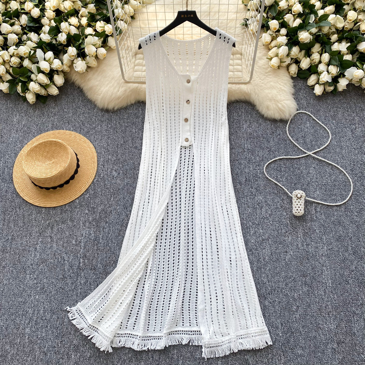 Summer Seaside Vacation Stacked Knitted Blouse Korean Style Fashionable Small Fresh Tassel Hollow Split dress Women