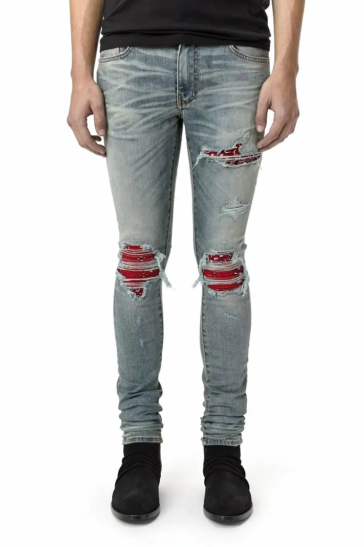 New Arrival High Street Fashion Brand Red Printed Ruched Cloth Patch Ripped Distressed Stretch Silm Light-Colored Jeans Men